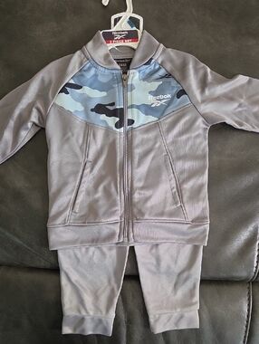 NWT Reebok Gray Jacket and Pants Set with Blue Camo Yoke